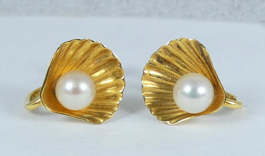 Vintage Solid 10ct Yellow Gold Set Pair Pearl Oyster Shell French Screw Earrings