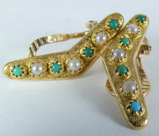 Antique Art Deco Solid 15ct Gold Turquoise & Seed Pearl Boomerang Clip Earrings