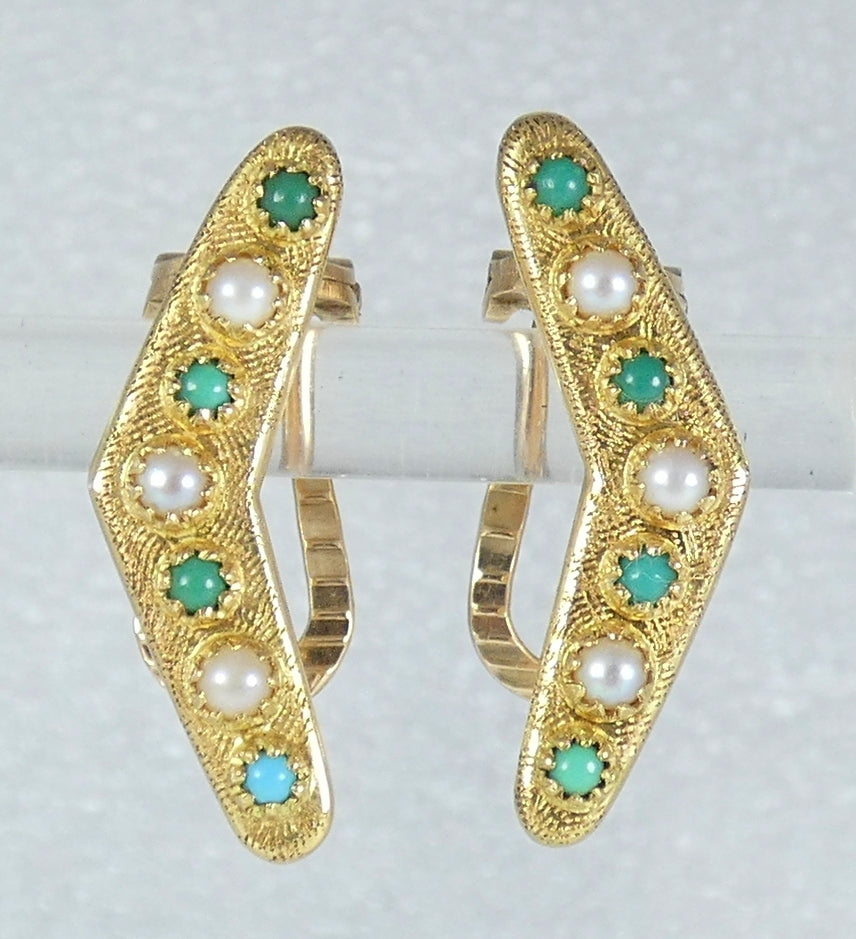 Antique Art Deco Solid 15ct Gold Turquoise & Seed Pearl Boomerang Clip Earrings
