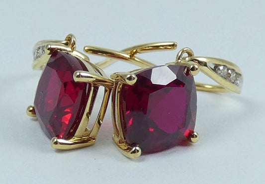 Solid 9ct Yellow Gold Set of Cushion Cut Ruby & Diamond Shepherd Hook Earrings