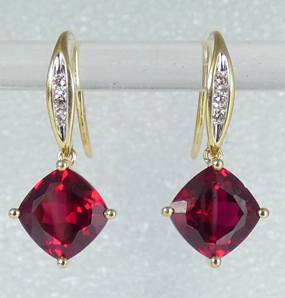 Solid 9ct Yellow Gold Set of Cushion Cut Ruby & Diamond Shepherd Hook Earrings