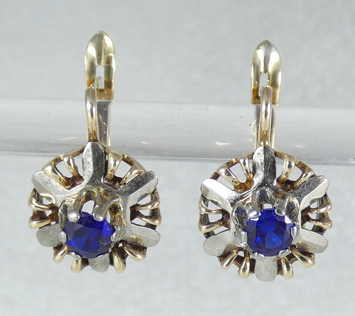 Vintage Solid 9ct Yellow & White Gold Set Sapphire Snowflake Lever Back Earrings