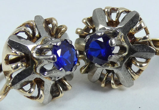 Vintage Solid 9ct Yellow & White Gold Set Sapphire Snowflake Lever Back Earrings