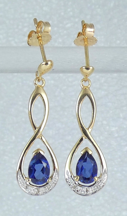 Solid 10ct Yellow Gold Set of Pear Cut Blue Sapphire Diamond 27mm Stud Earrings