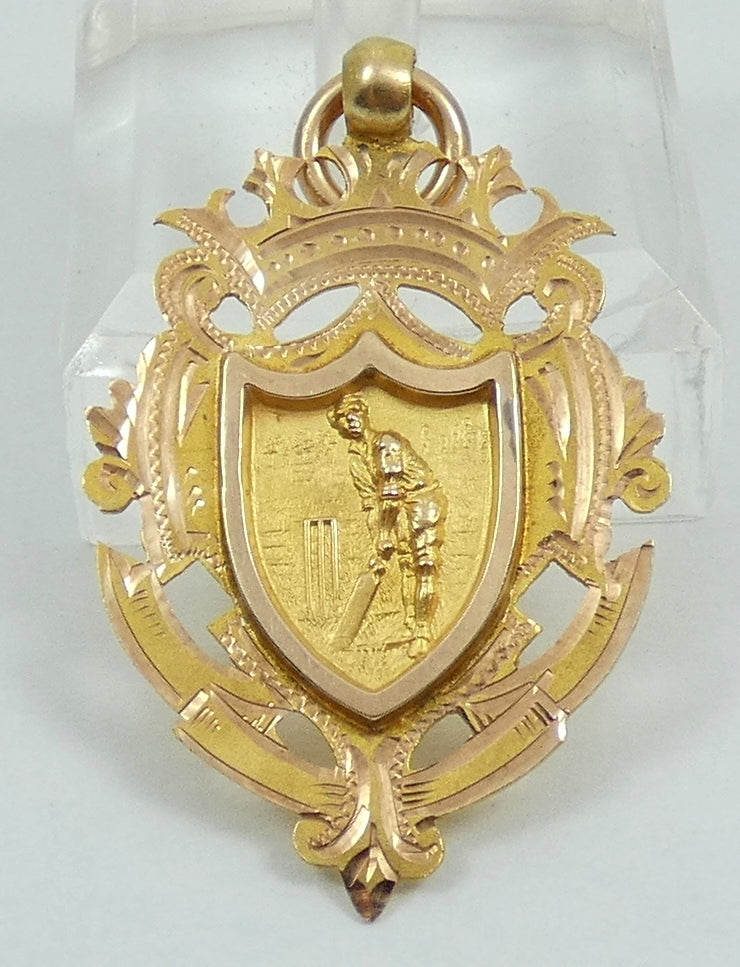Antique 1911 Solid 9ct Yellow Gold Cricket Sports Medal Fob Pendant CSSPS Senior