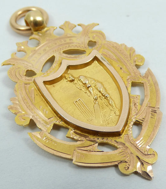 Antique 1911 Solid 9ct Yellow Gold Cricket Sports Medal Fob Pendant CSSPS Senior