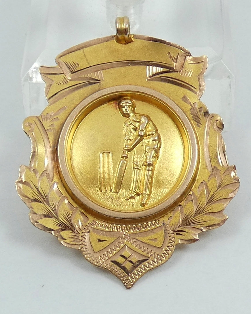 Antique 1924 Solid 9ct Yellow Gold Cricket Sports Medal Fob Pendant LPCC Batting