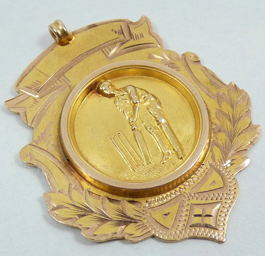 Antique 1924 Solid 9ct Yellow Gold Cricket Sports Medal Fob Pendant LPCC Batting