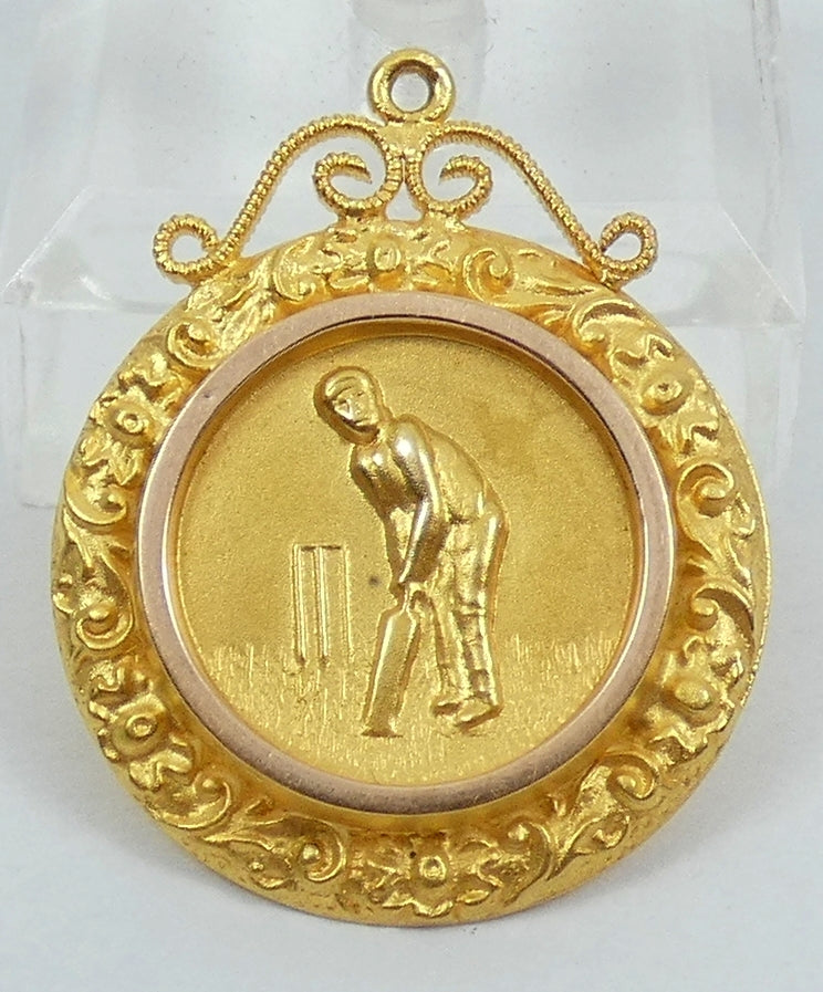 Antique 1929 Solid 9ct Yellow Gold Cricket Sports Medal Fob Pendant Batting Avg