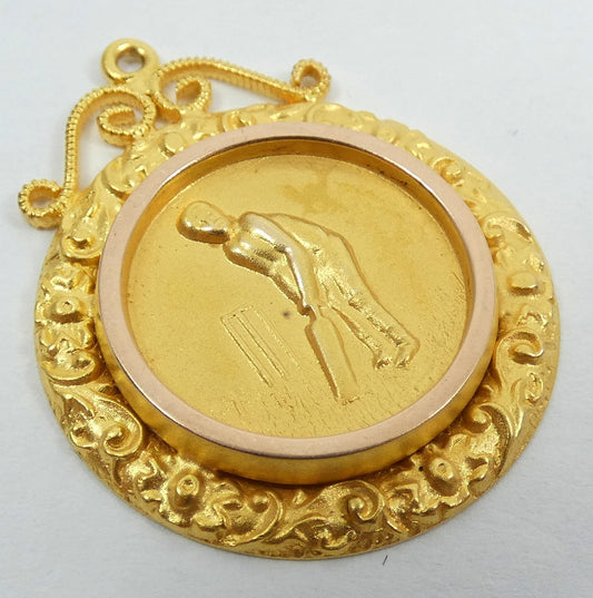 Antique 1929 Solid 9ct Yellow Gold Cricket Sports Medal Fob Pendant Batting Avg