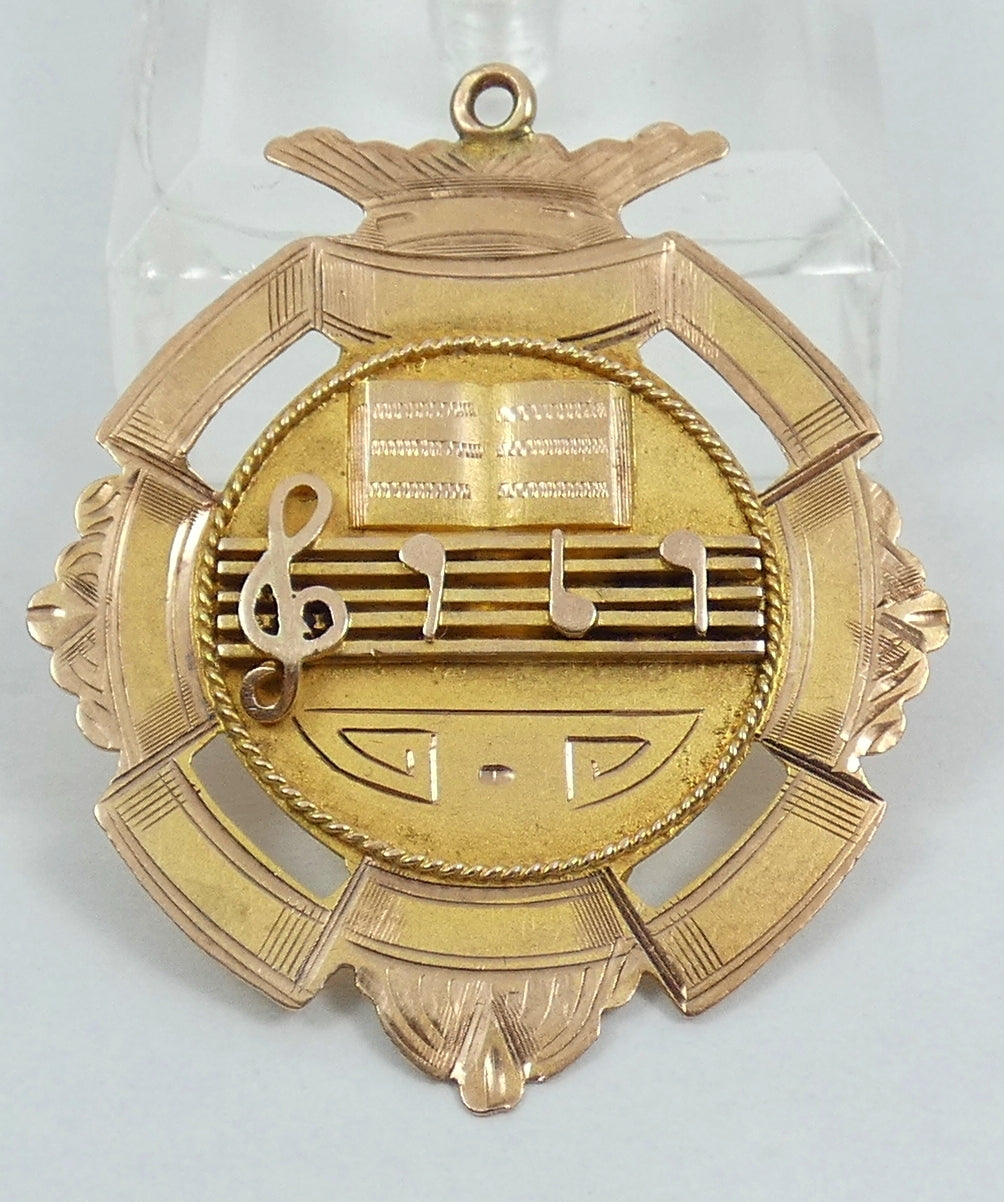 Antique 1929 Solid 9ct Gold Burndale School Orchestra Music Medal Fob Pendant