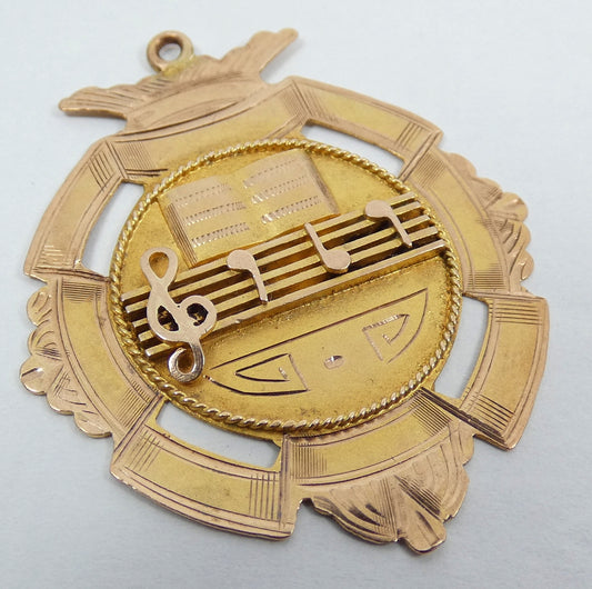 Antique 1929 Solid 9ct Gold Burndale School Orchestra Music Medal Fob Pendant