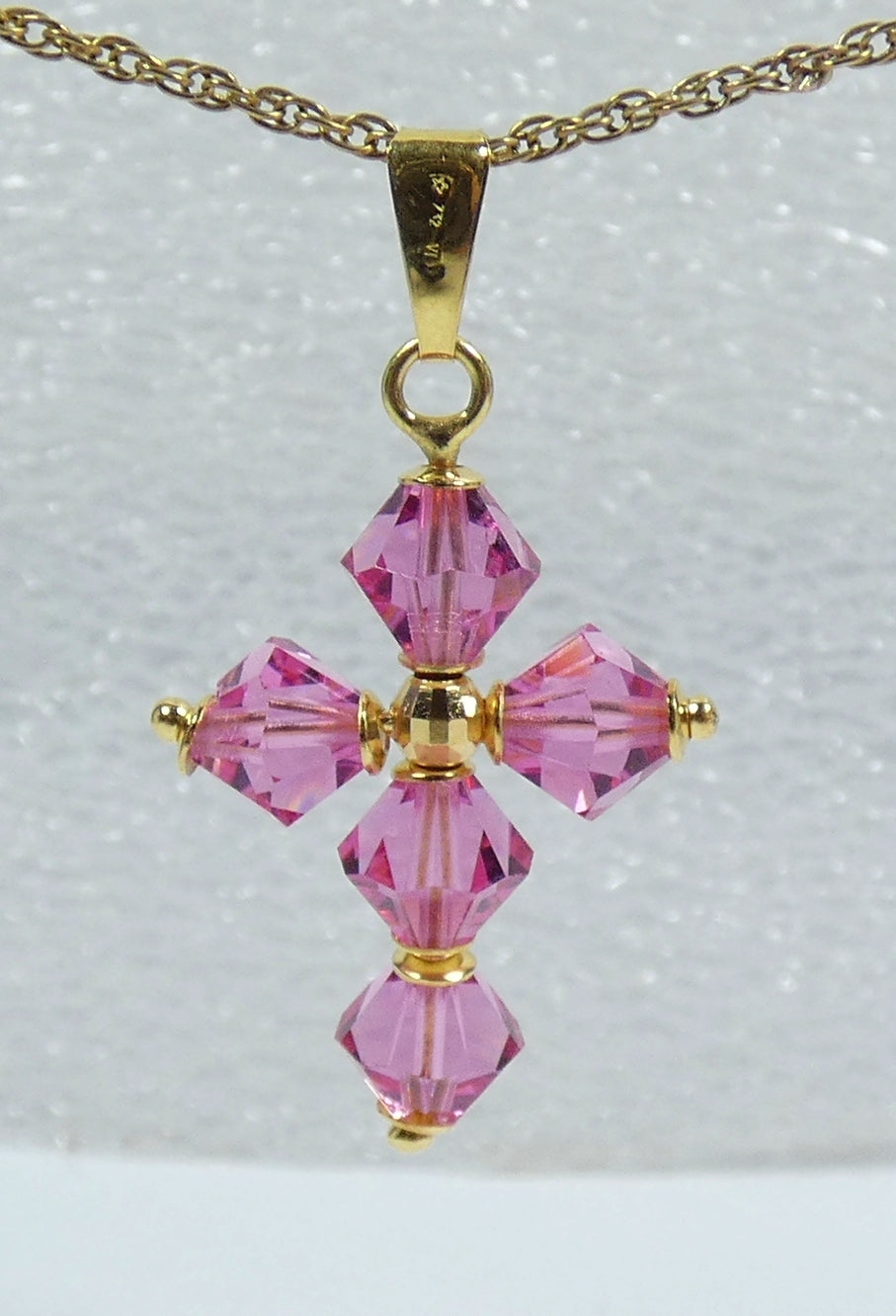 Italian Solid 18ct Yellow Gold Pink Crystal Bead Cross Crucifix Necklace Pendant