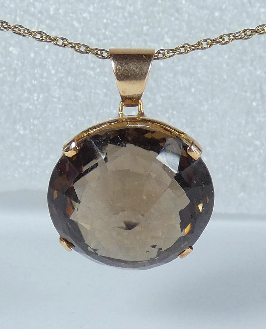 Large Solid 14ct Yellow Gold 40ct Rose Cut Smoky Quartz Necklace Pendant 12gm