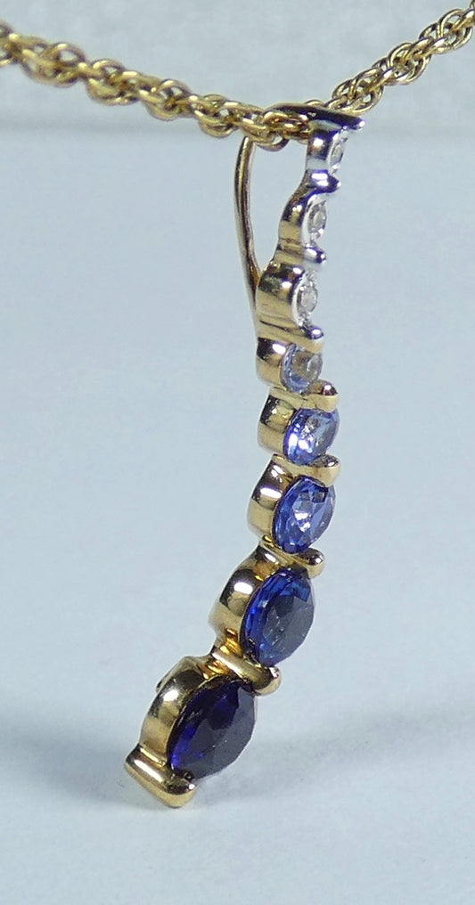 Solid 9ct Yellow Gold Graduating Sapphire Diamond Journey Swirl Necklace Pendant