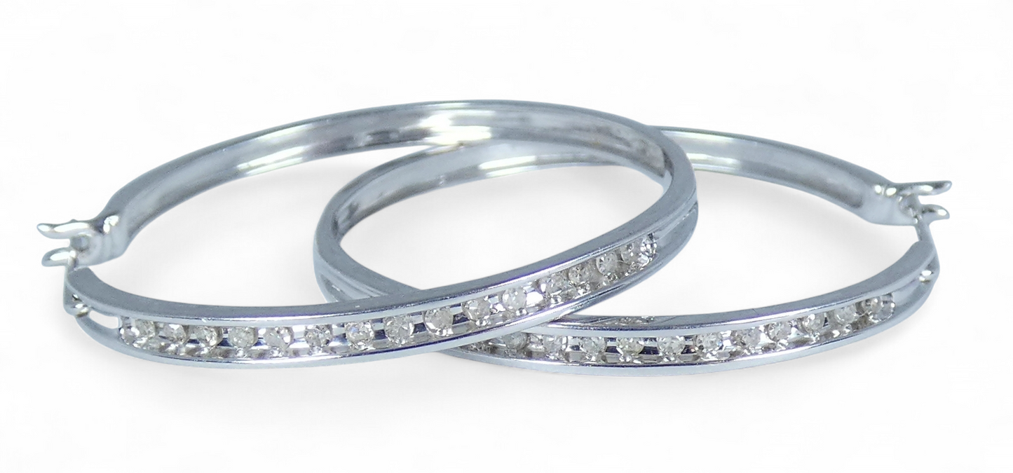 Pair of Large Solid 9ct White Gold & Diamond Cluster 33mm Hoop Earrings Set 375
