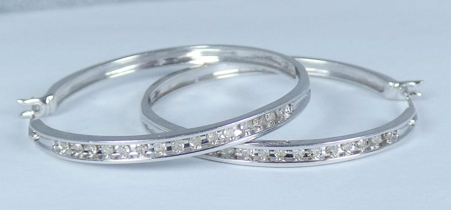 Pair of Large Solid 9ct White Gold & Diamond Cluster 33mm Hoop Earrings Set 375