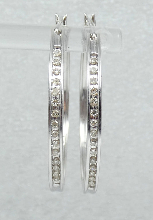 Pair of Large Solid 9ct White Gold & Diamond Cluster 33mm Hoop Earrings Set 375