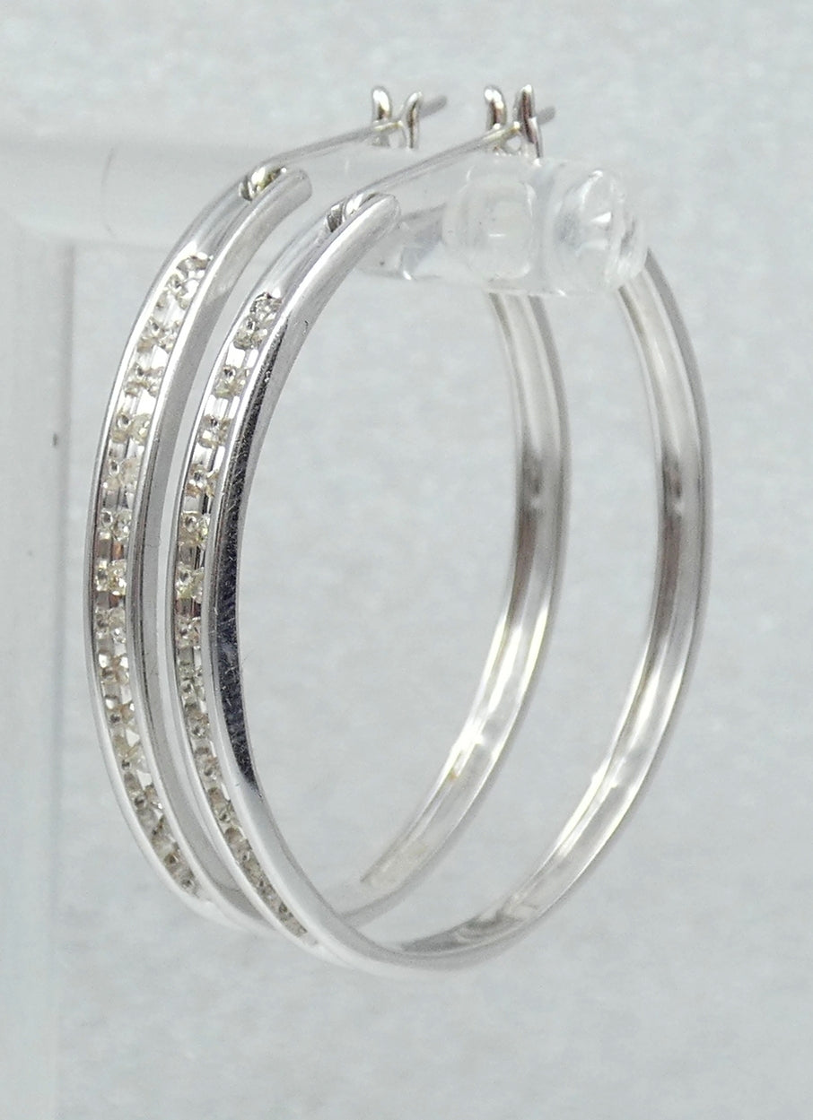 Pair of Large Solid 9ct White Gold & Diamond Cluster 33mm Hoop Earrings Set 375