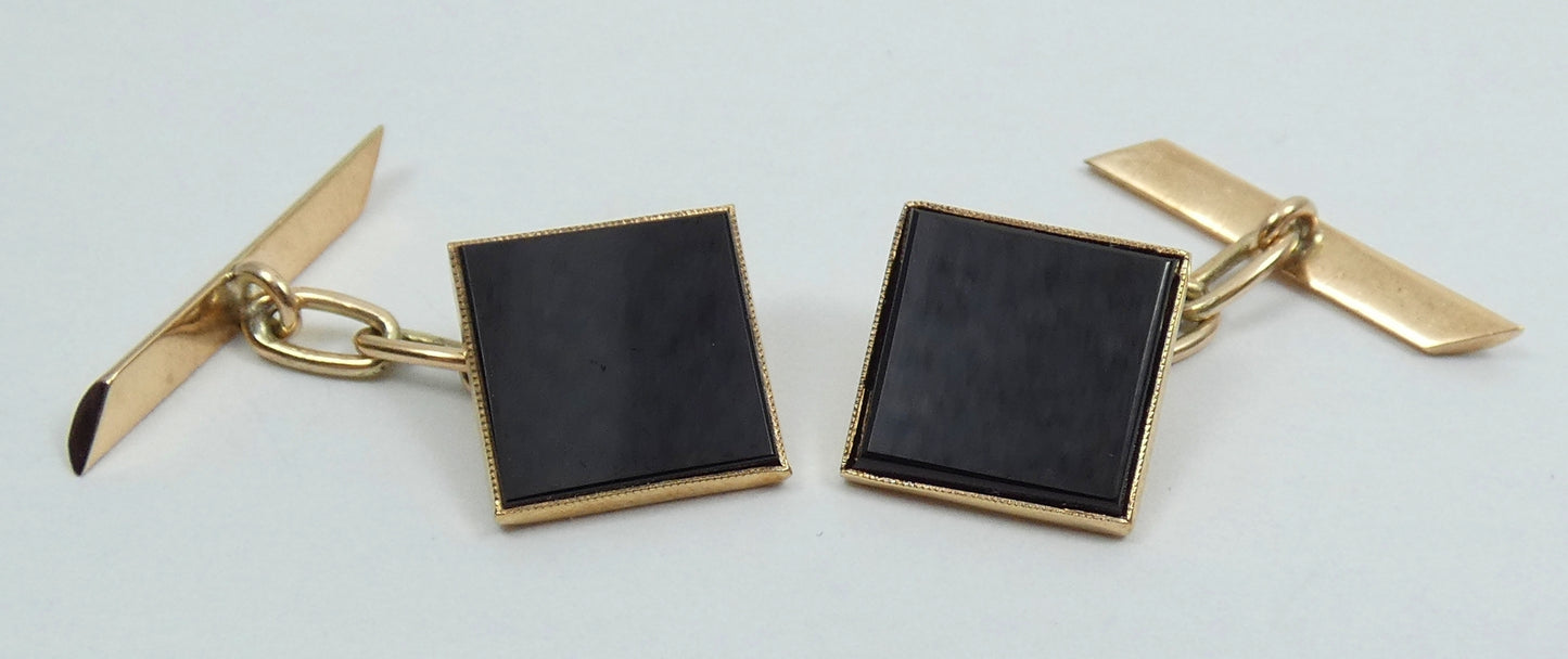Antique Art Deco 1940's Pair of Solid 9ct Yellow Gold & Black Onyx Cufflinks Set