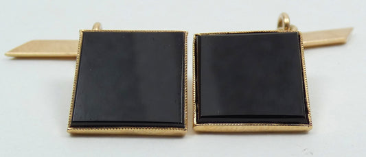 Antique Art Deco 1940's Pair of Solid 9ct Yellow Gold & Black Onyx Cufflinks Set