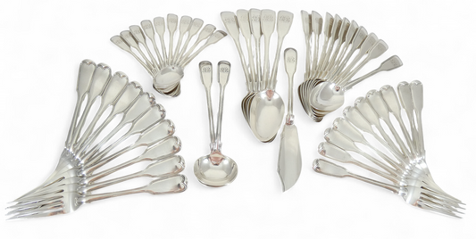 Antique Victorian 1843 48pc 10pl Sterling Silver Cutlery Set Fiddle & Thread CL