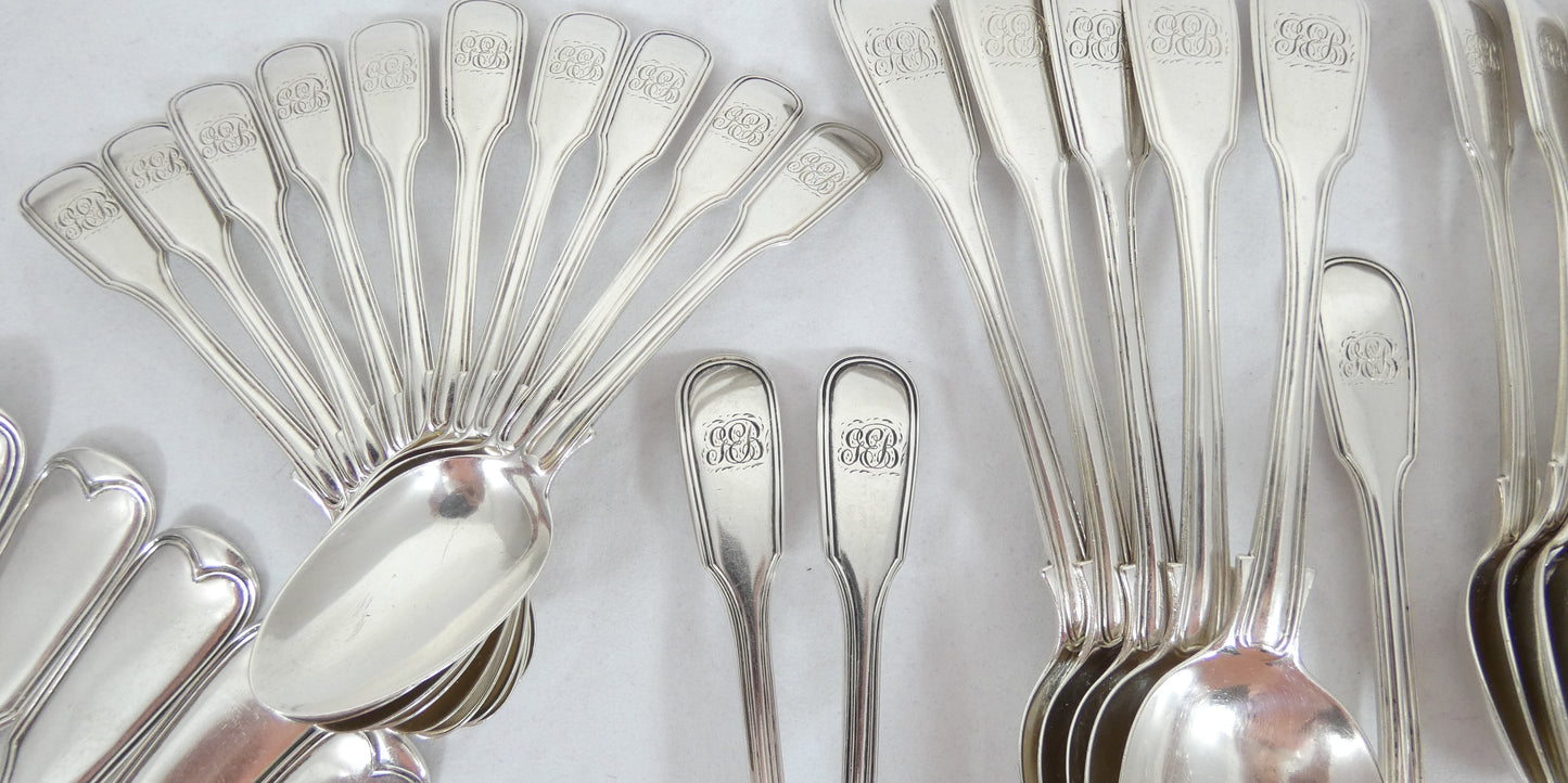 Antique Victorian 1843 48pc 10pl Sterling Silver Cutlery Set Fiddle & Thread CL