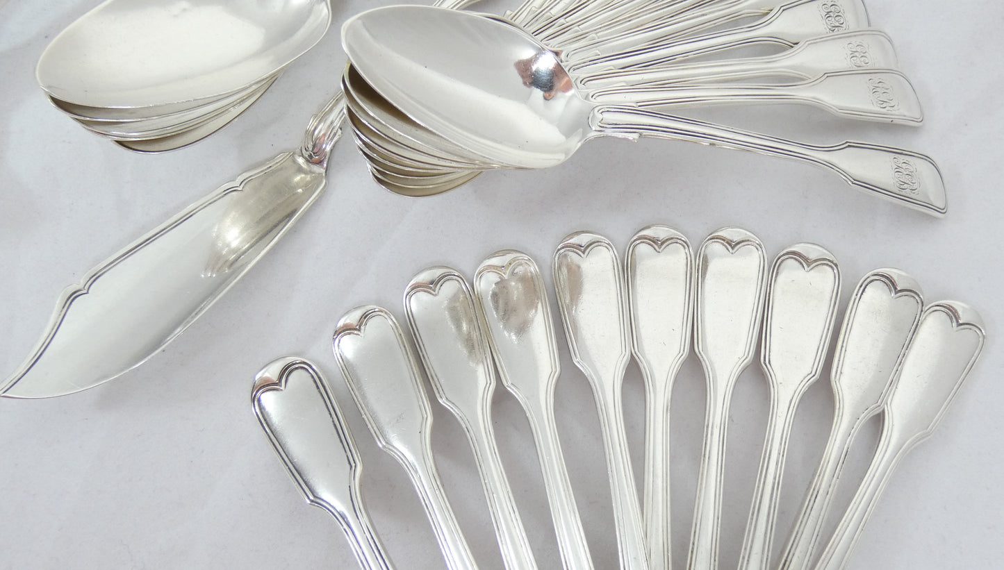Antique Victorian 1843 48pc 10pl Sterling Silver Cutlery Set Fiddle & Thread CL
