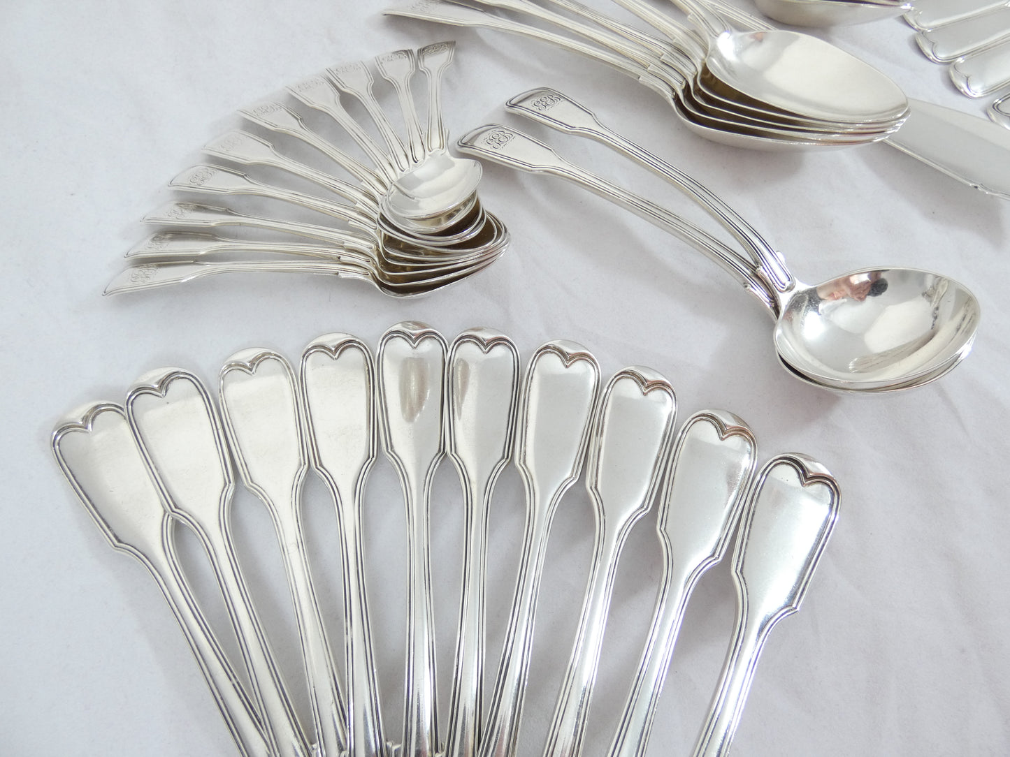 Antique Victorian 1843 48pc 10pl Sterling Silver Cutlery Set Fiddle & Thread CL