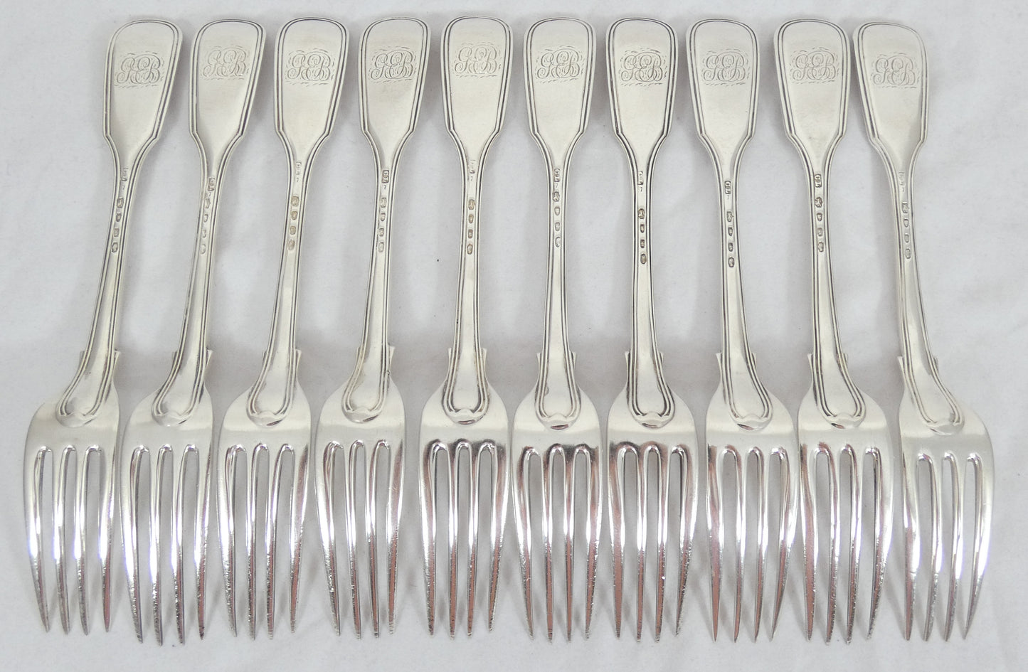 Antique Victorian 1843 48pc 10pl Sterling Silver Cutlery Set Fiddle & Thread CL