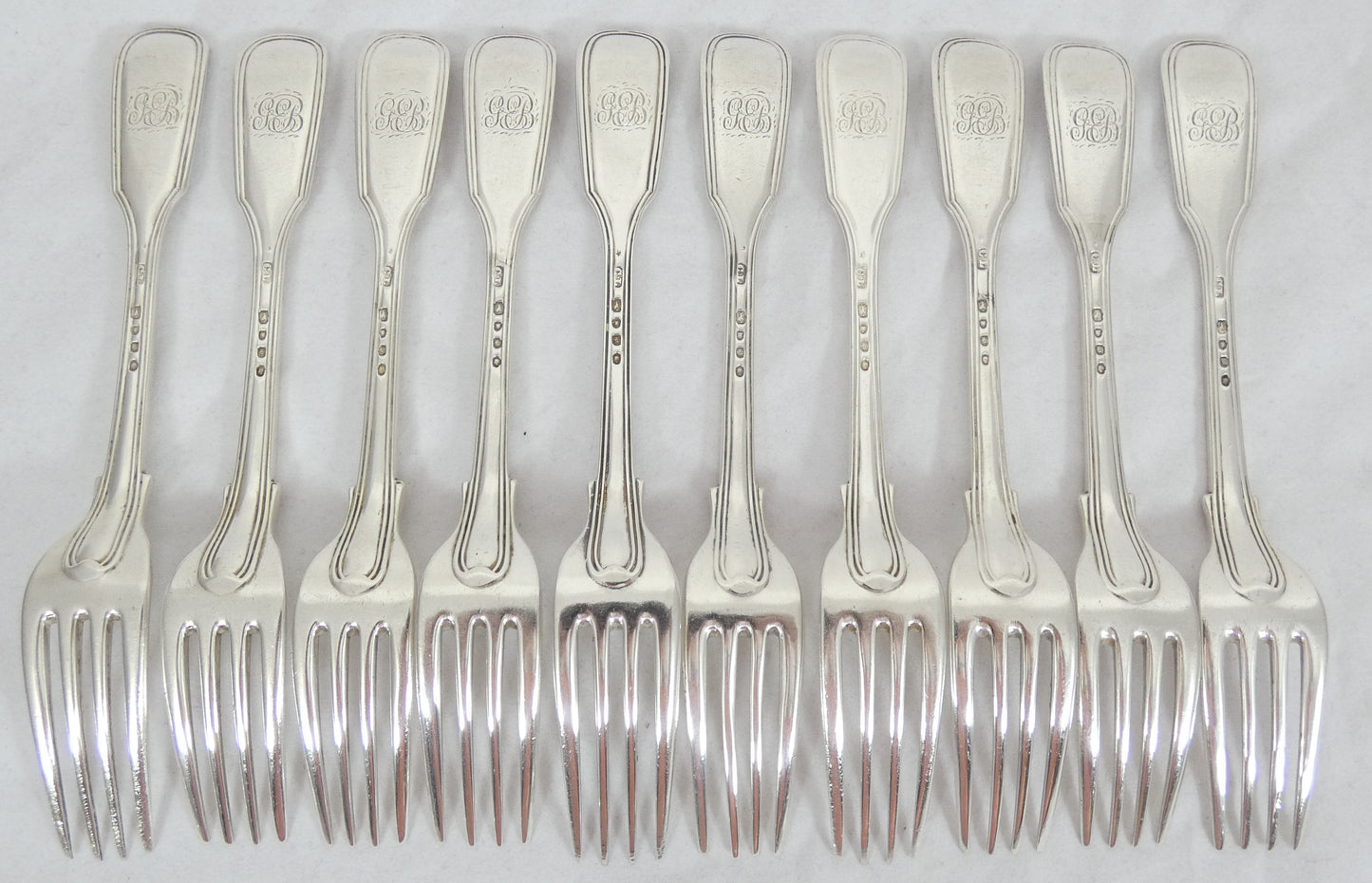 Antique Victorian 1843 48pc 10pl Sterling Silver Cutlery Set Fiddle & Thread CL