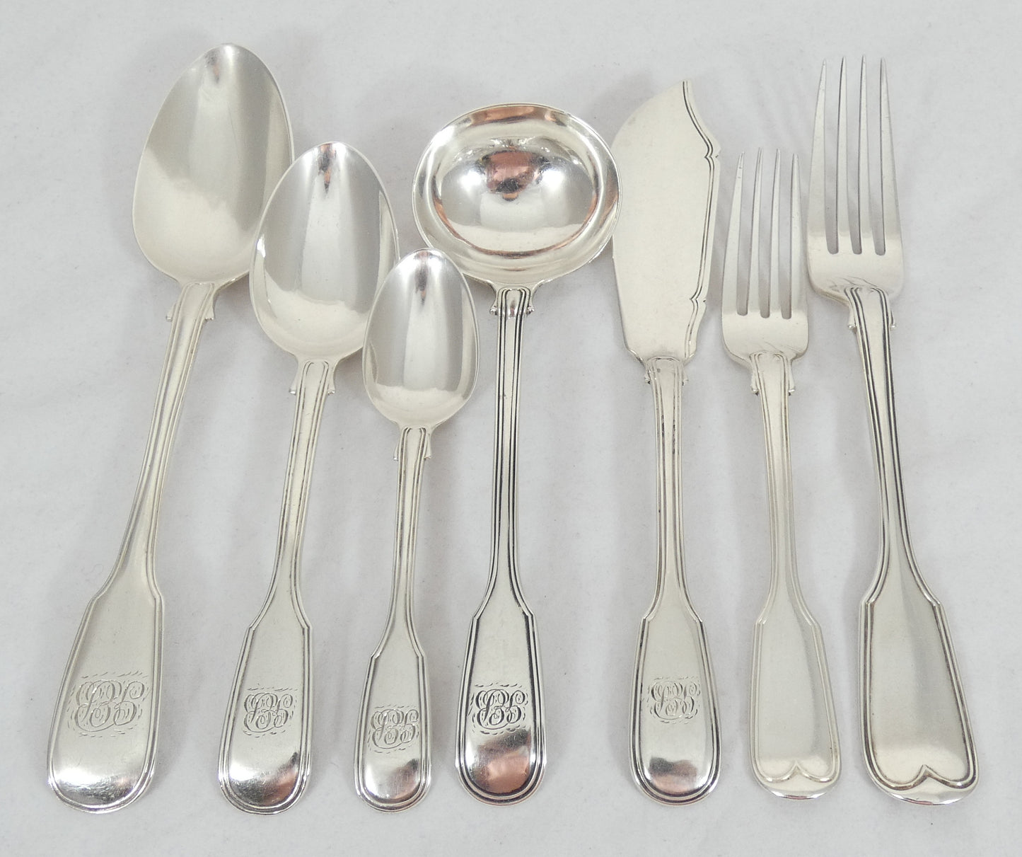Antique Victorian 1843 48pc 10pl Sterling Silver Cutlery Set Fiddle & Thread CL
