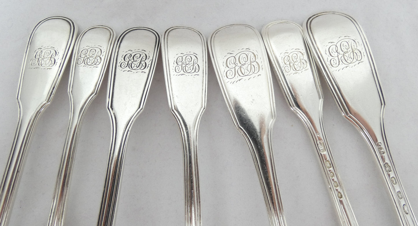 Antique Victorian 1843 48pc 10pl Sterling Silver Cutlery Set Fiddle & Thread CL