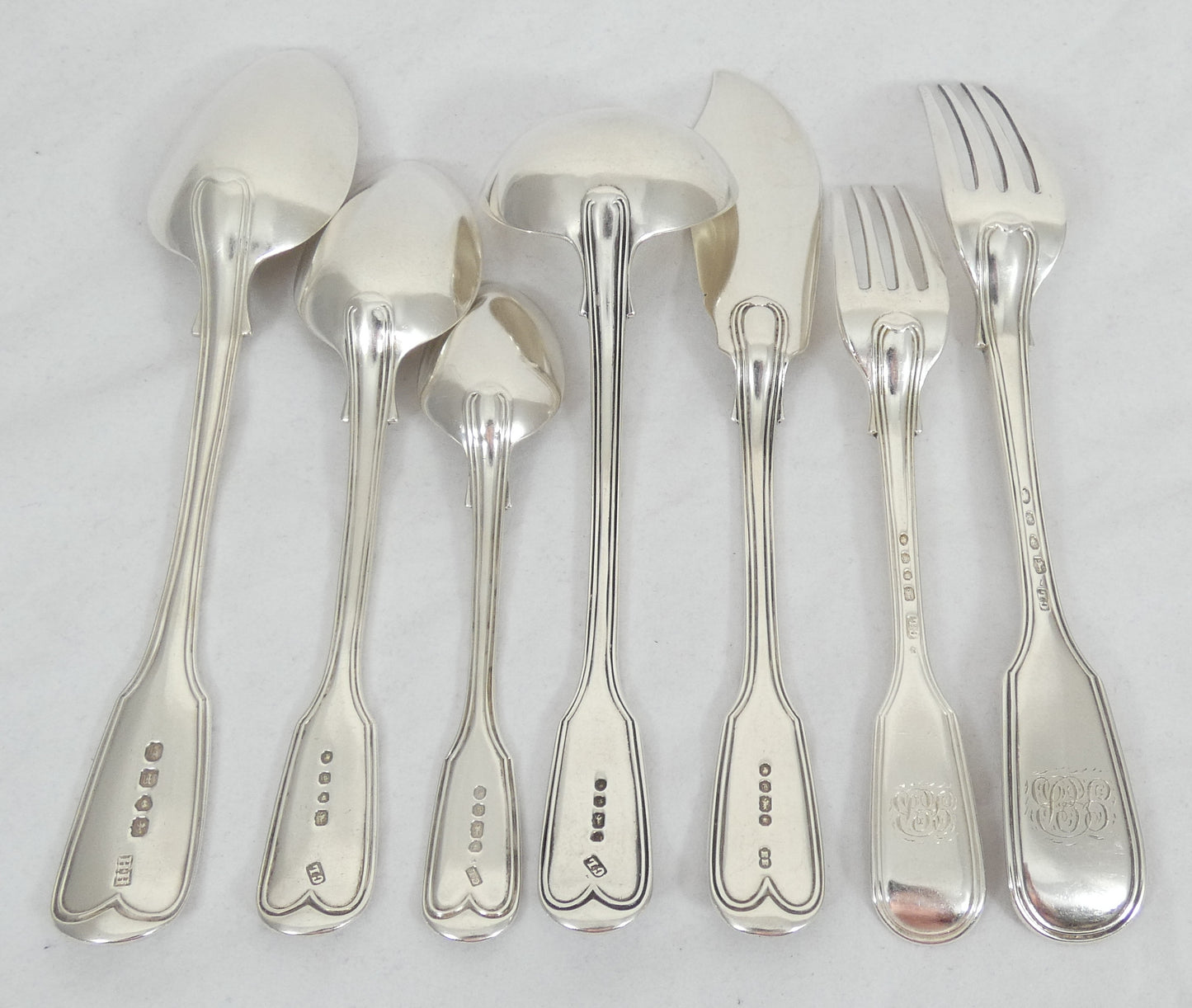 Antique Victorian 1843 48pc 10pl Sterling Silver Cutlery Set Fiddle & Thread CL