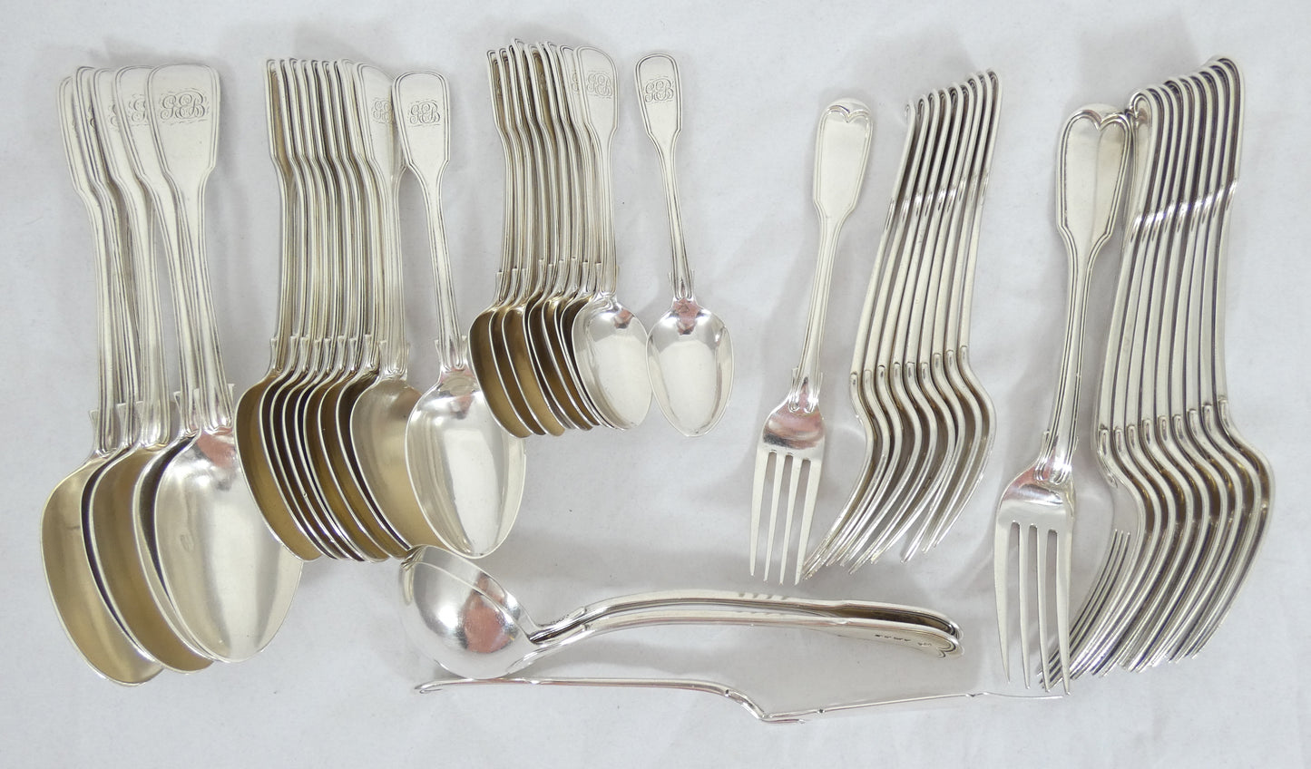 Antique Victorian 1843 48pc 10pl Sterling Silver Cutlery Set Fiddle & Thread CL