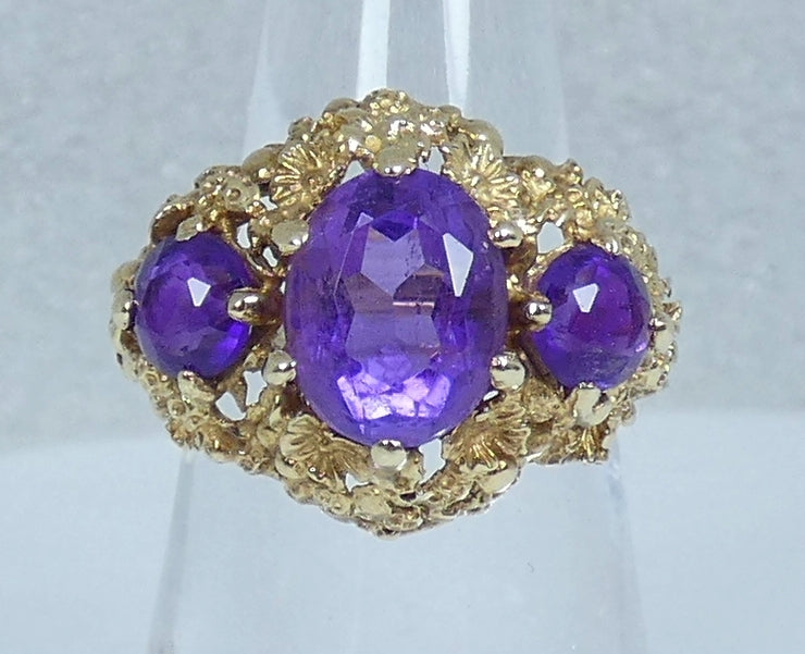 Vintage 1974 English Solid 9ct Yellow Gold Purple Amethyst Trilogy Ring 6.5 M 52