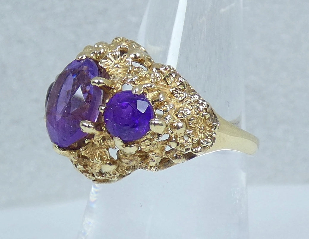 Vintage 1974 English Solid 9ct Yellow Gold Purple Amethyst Trilogy Ring 6.5 M 52