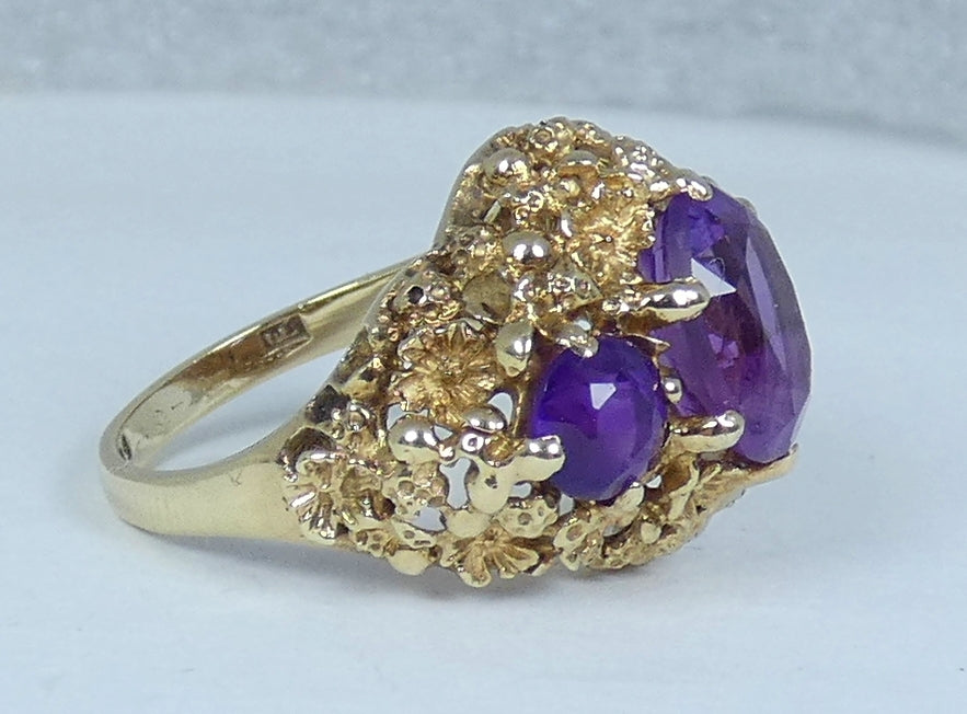 Vintage 1974 English Solid 9ct Yellow Gold Purple Amethyst Trilogy Ring 6.5 M 52