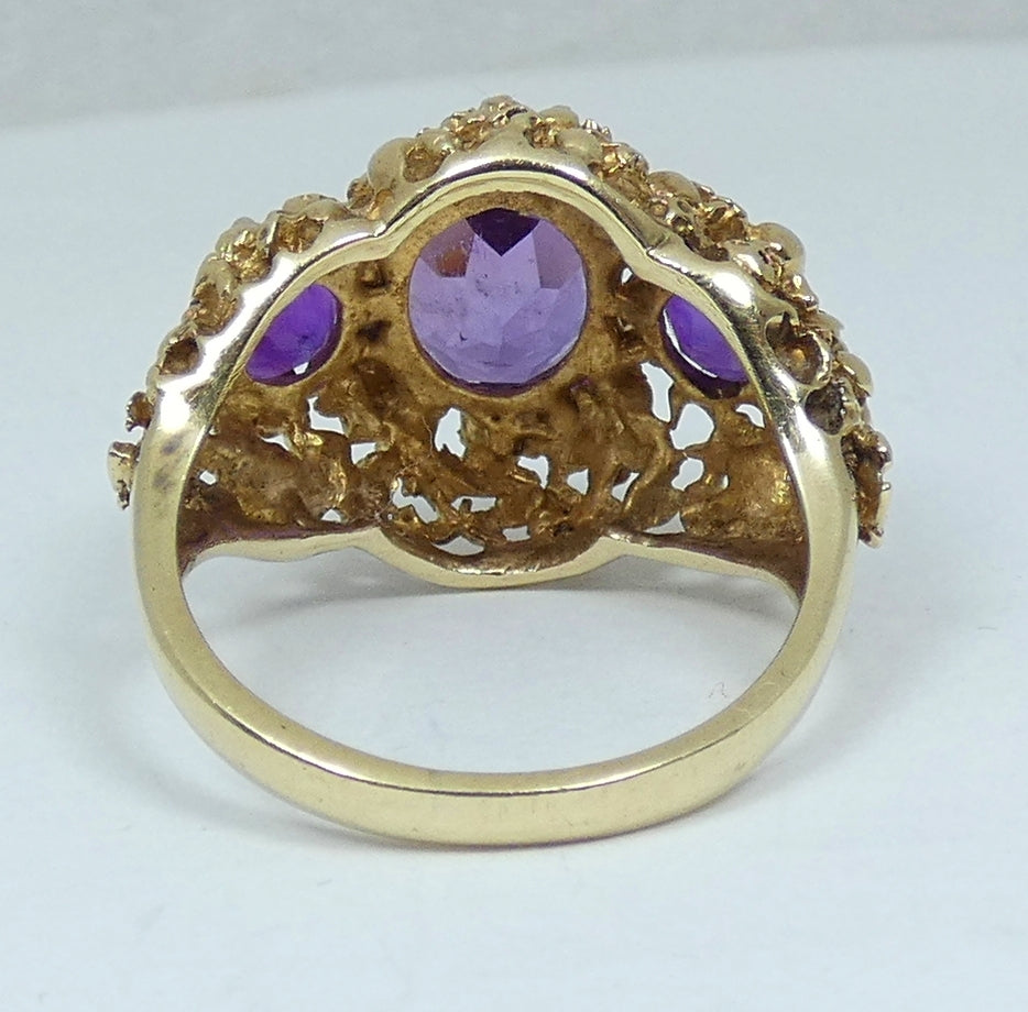 Vintage 1974 English Solid 9ct Yellow Gold Purple Amethyst Trilogy Ring 6.5 M 52