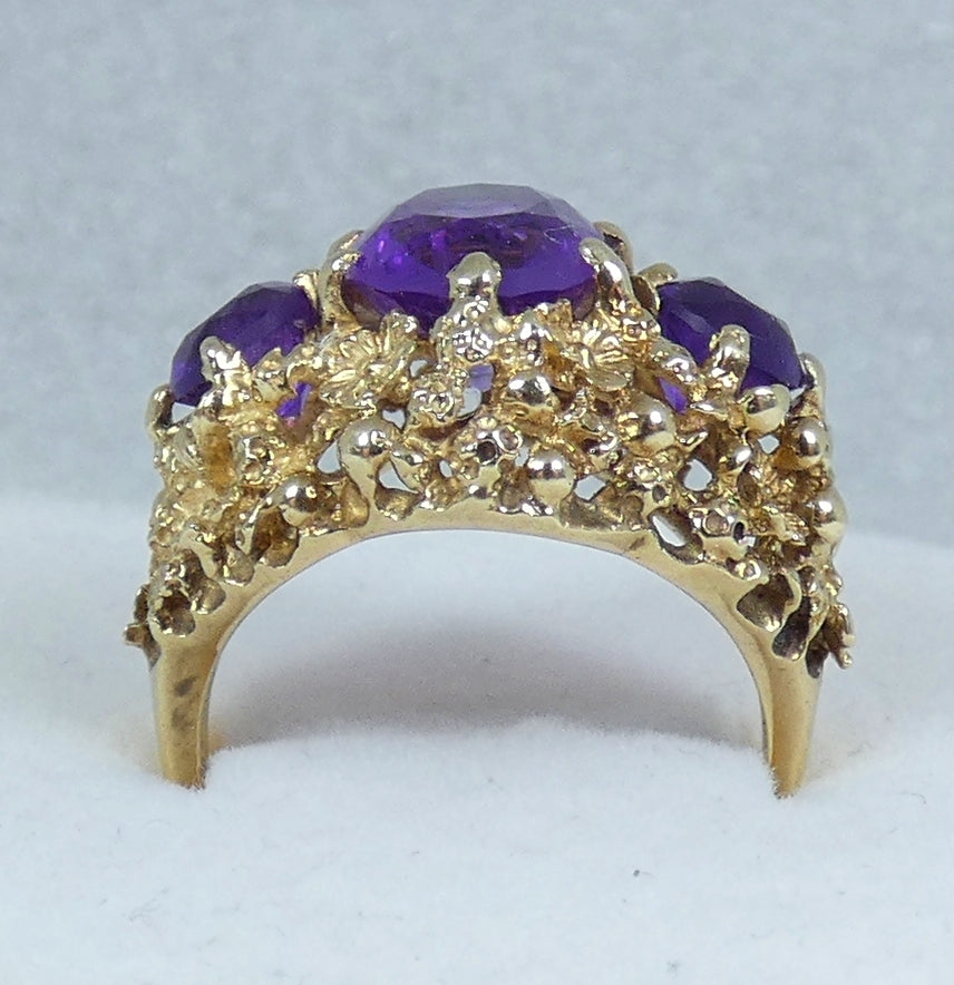 Vintage 1974 English Solid 9ct Yellow Gold Purple Amethyst Trilogy Ring 6.5 M 52