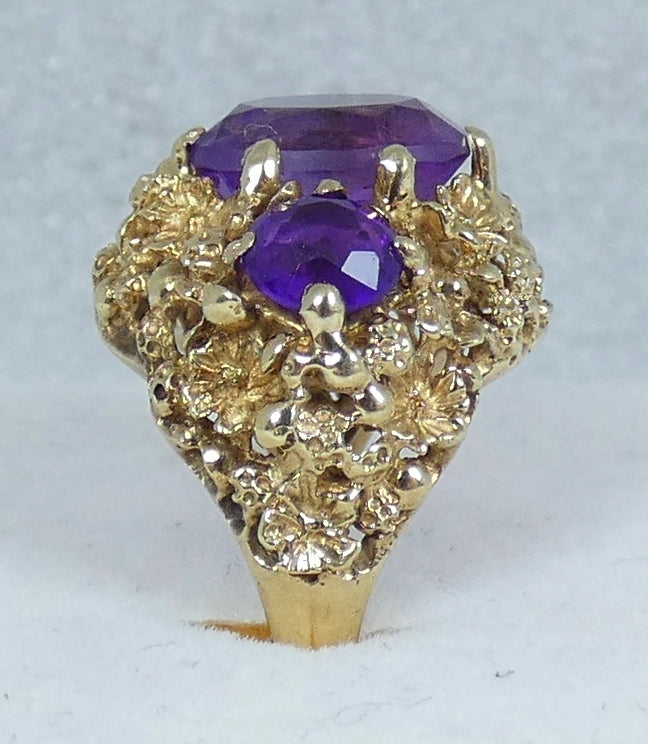 Vintage 1974 English Solid 9ct Yellow Gold Purple Amethyst Trilogy Ring 6.5 M 52