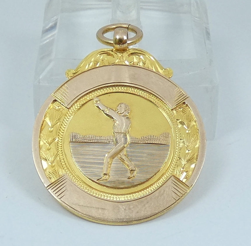Antique 1927 Australian Solid 9ct Yellow Rose Gold Cricket Award Medal Pendant