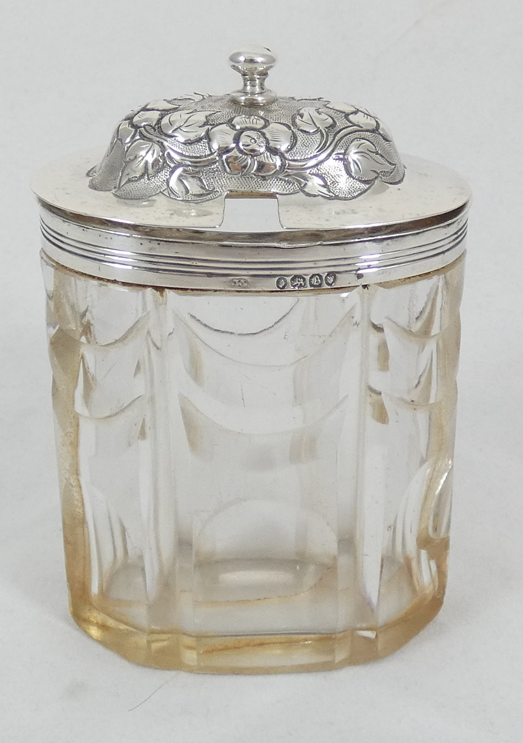 Antique Georgian 1837 Sterling Silver Cut Glass Mustard Pot Cruet Bottle Jar AF