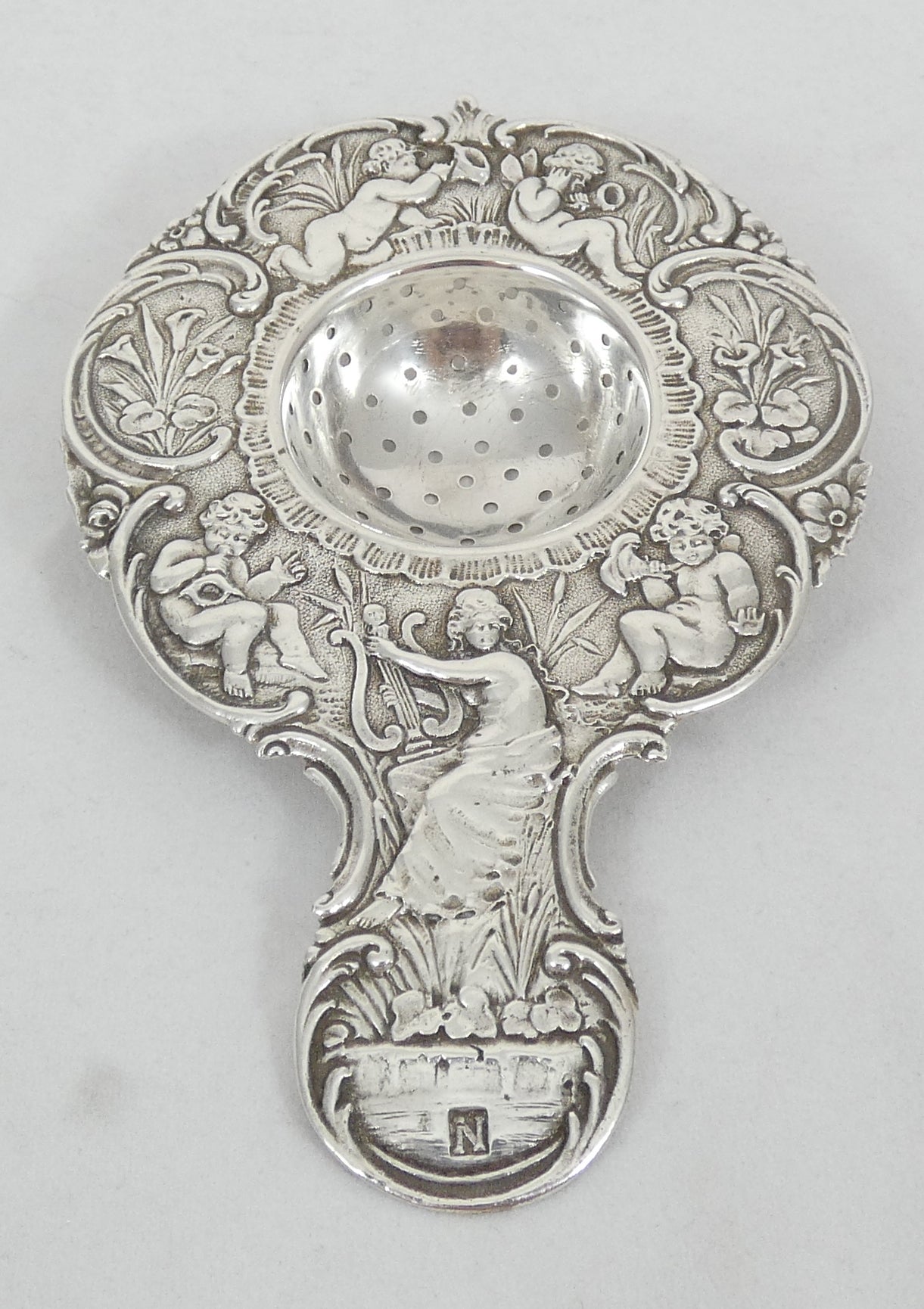 Antique Edwardian 1900 Sterling Silver Tea Cup Strainer Sieve Angels Cherubs 925