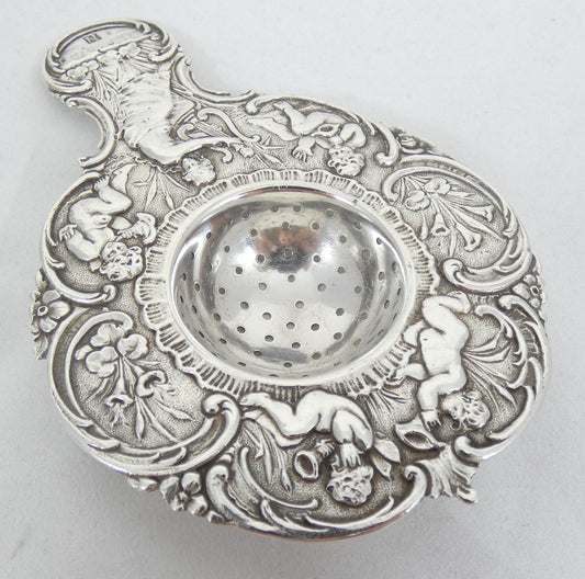 Antique Edwardian 1900 Sterling Silver Tea Cup Strainer Sieve Angels Cherubs 925