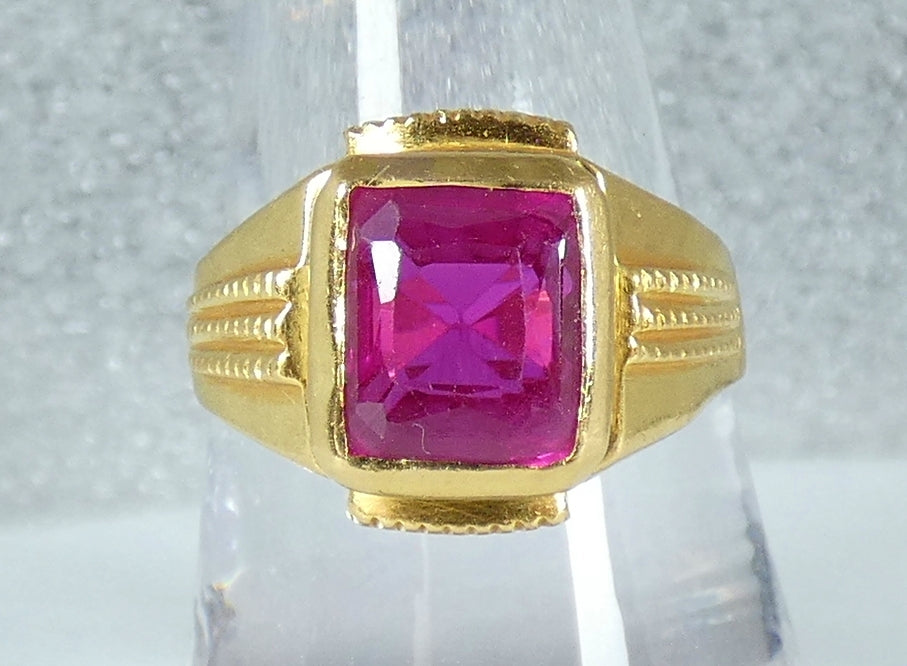 Solid 22ct Yellow Gold Pink Ruby Spinel Signet Unisex Solitaire Ring Size 9 R 59