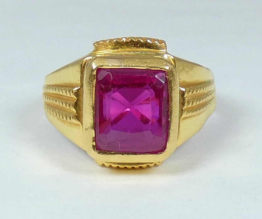 Solid 22ct Yellow Gold Pink Ruby Spinel Signet Unisex Solitaire Ring Size 9 R 59