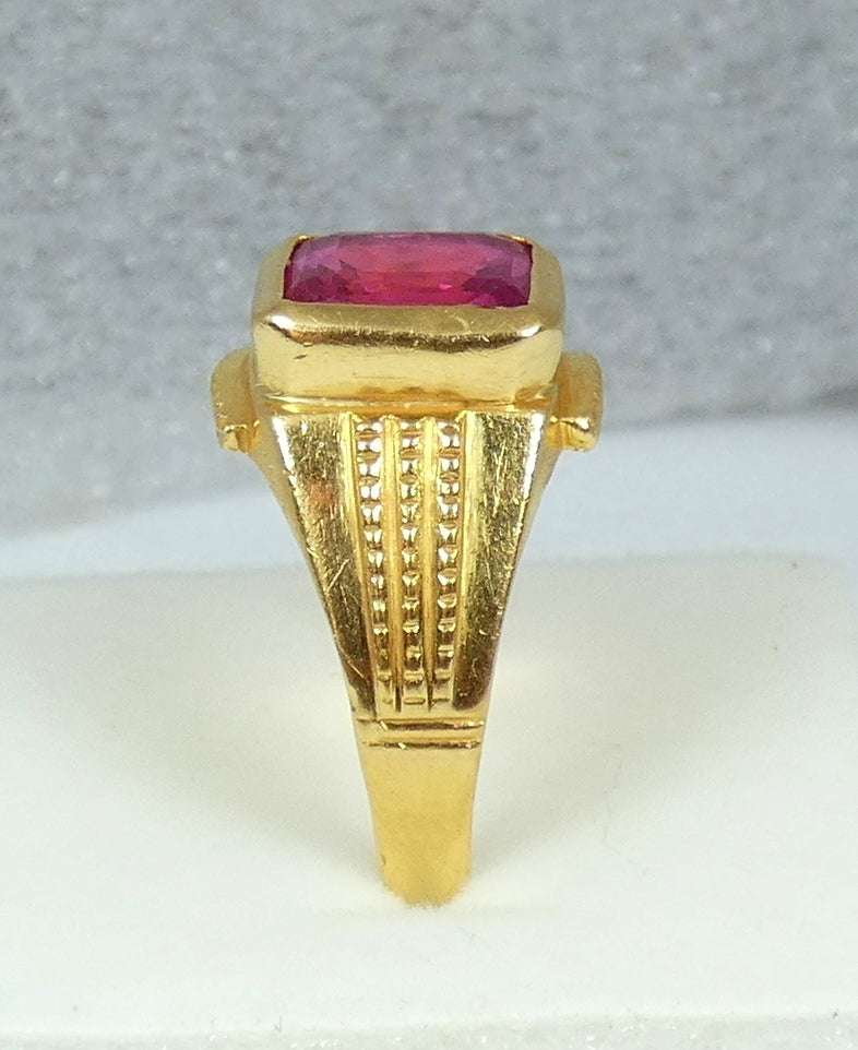 Solid 22ct Yellow Gold Pink Ruby Spinel Signet Unisex Solitaire Ring Size 9 R 59