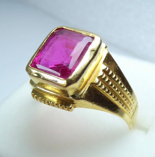 Solid 22ct Yellow Gold Pink Ruby Spinel Signet Unisex Solitaire Ring Size 9 R 59