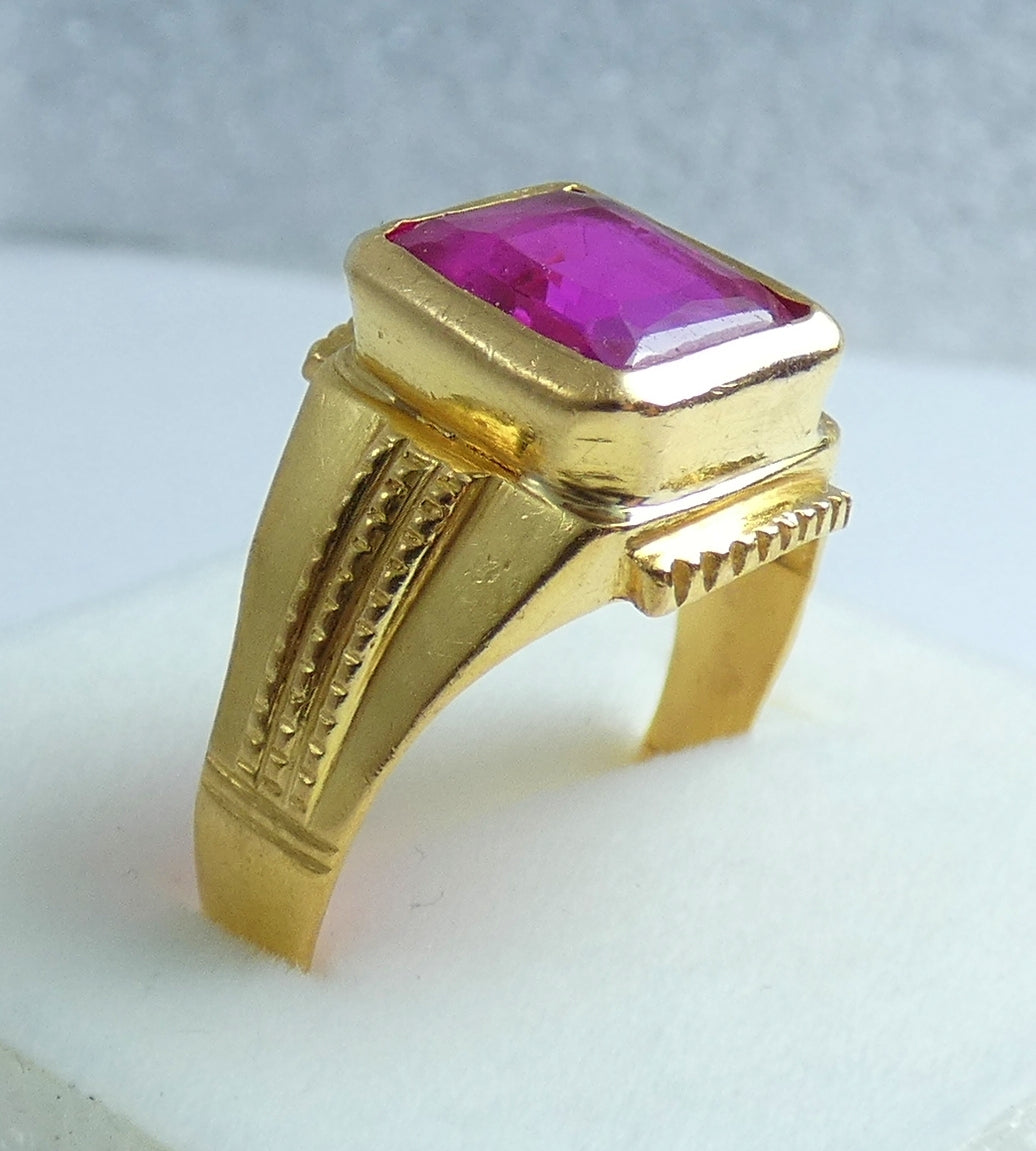Solid 22ct Yellow Gold Pink Ruby Spinel Signet Unisex Solitaire Ring Size 9 R 59